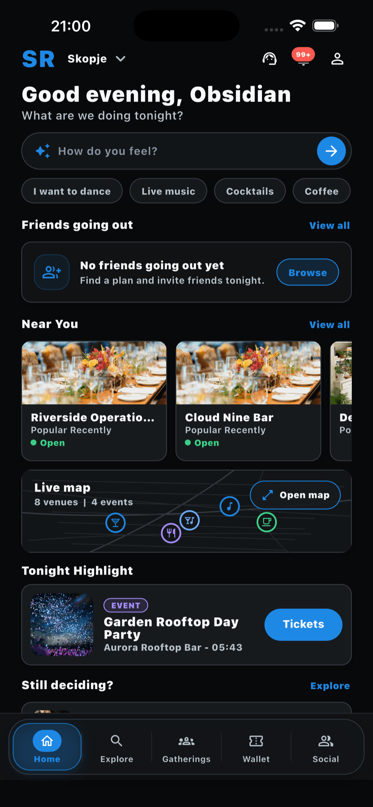 EVA home screen showing places, events and plans nearby