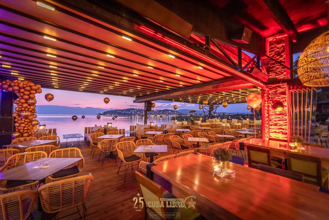 Cuba Libre Beach and Bar beside Lake Ohrid at night